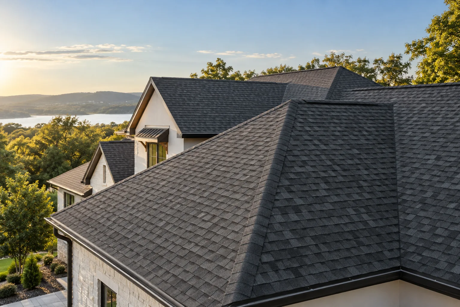 Illustrative residential roof showing material and roofline details